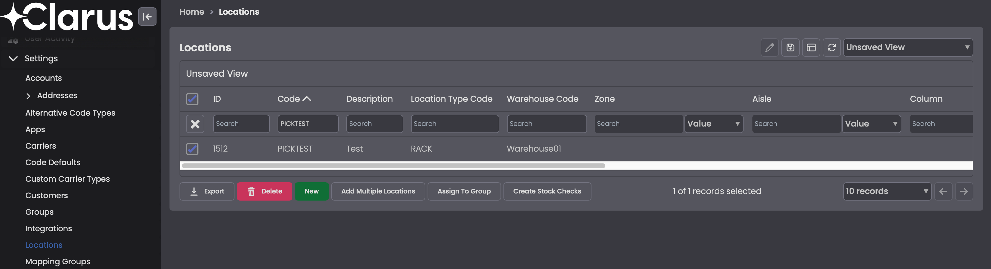 Locations grid with a single location selected and the Create Stock Checks button highlighted