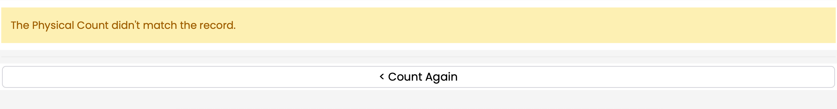 HHD warning that the physical count didn't match the record, with a Count Again button