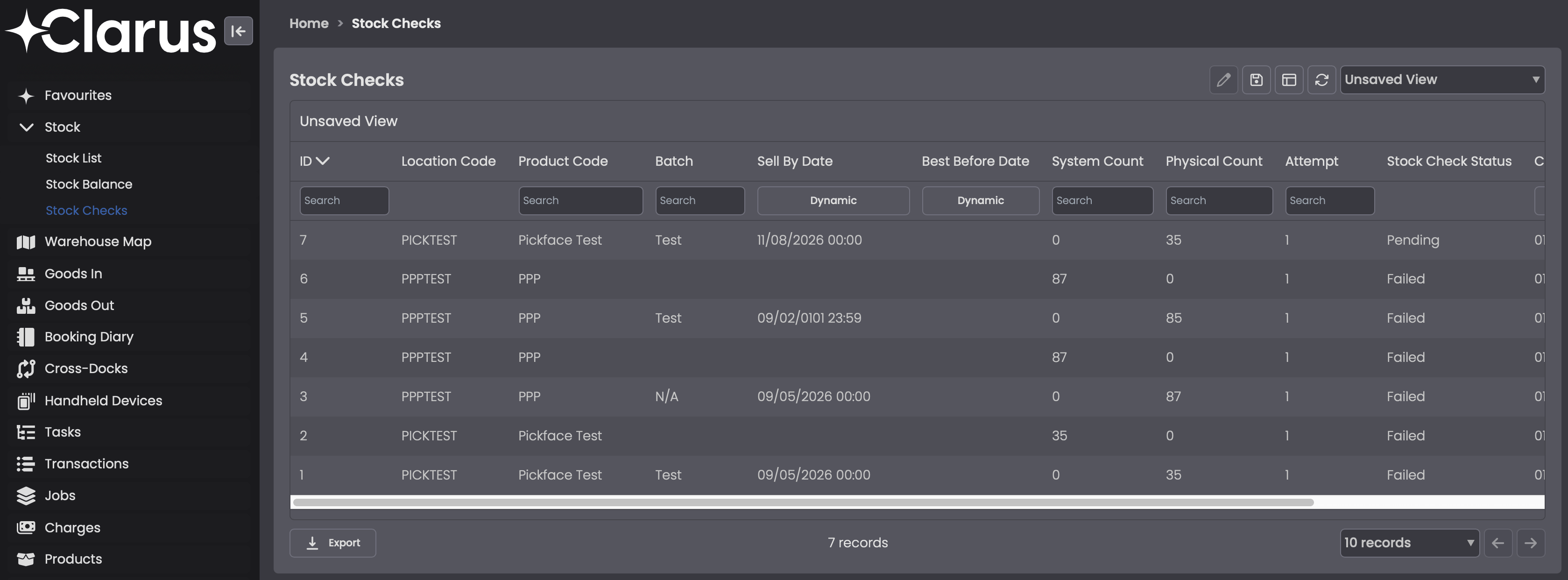 Stock Checks data grid showing Location Code, Product Code, Batch, Sell By Date, Best Before Date, System Count, Physical Count, Attempt, and Stock Check Status columns