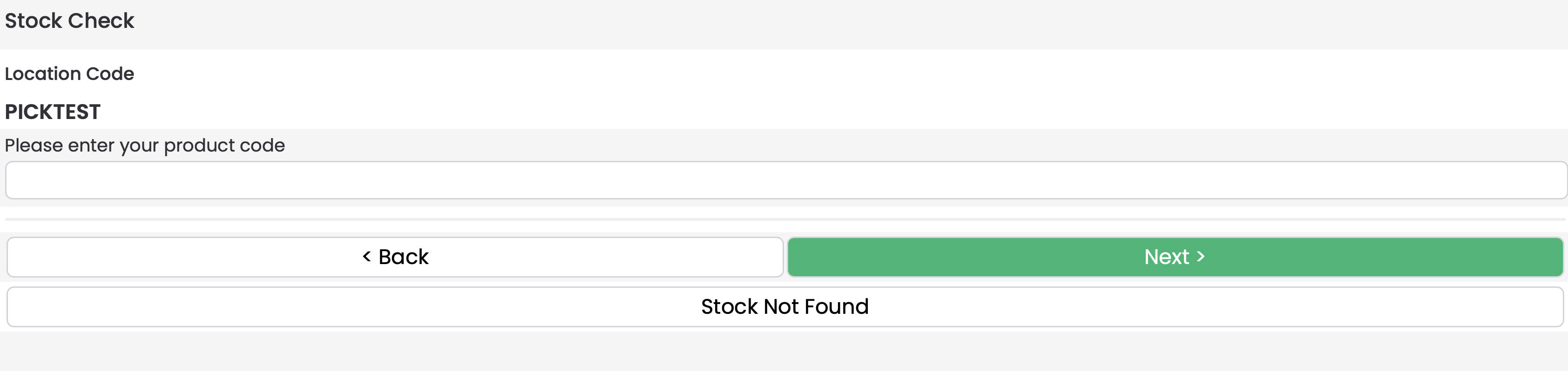 HHD Stock Check showing the product code prompt with Back, Next, and Stock Not Found buttons
