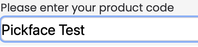 HHD displaying the entered product code Pickface Test with the product description fff