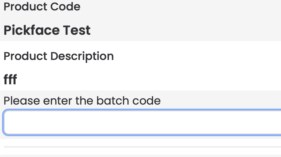 HHD prompt to enter the batch code for the matched product