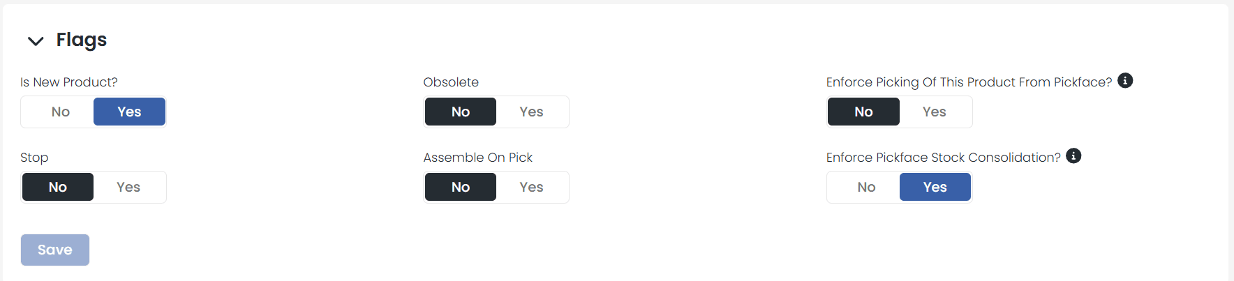 Enforce Pickface Stock Consolidation flag in the product Flags tab