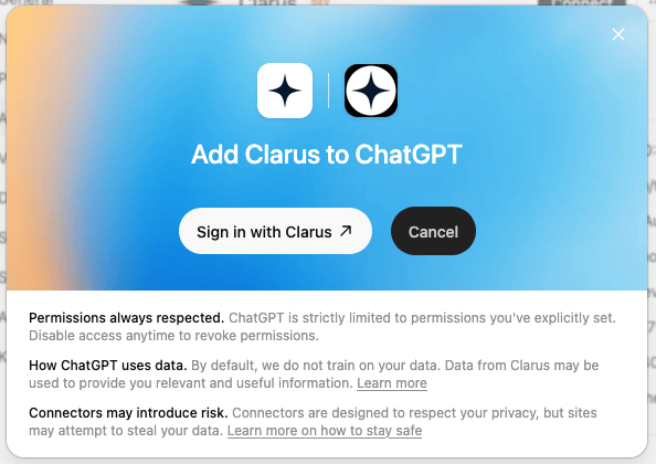 The Add Clarus to ChatGPT dialog with a Sign in with Clarus button