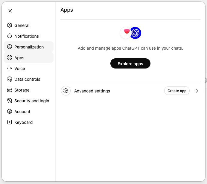 ChatGPT Settings Apps page with Advanced settings and Create app