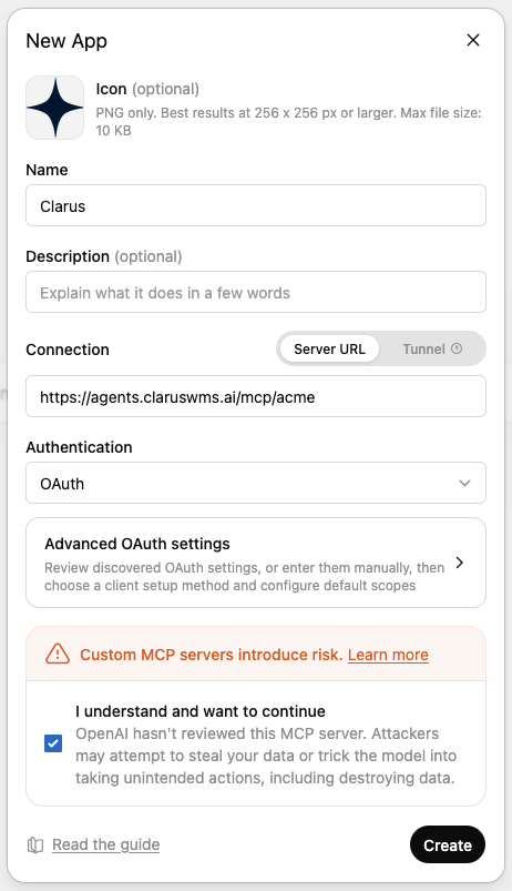 The ChatGPT New App dialog with name Clarus, Server URL, and OAuth authentication
