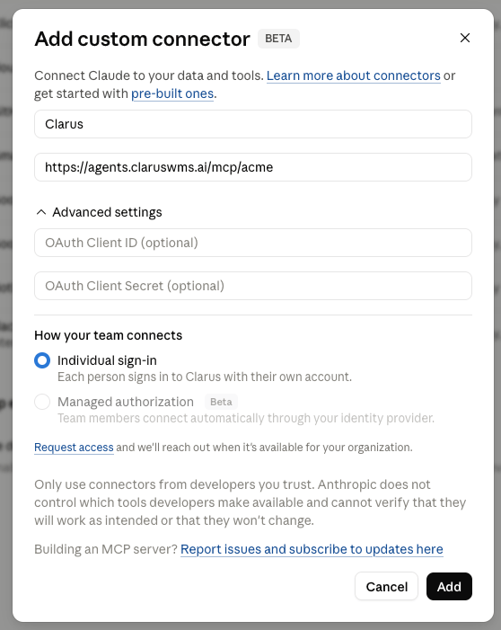 The Add custom connector dialog with a name and the Clarus URL, and the OAuth fields left blank