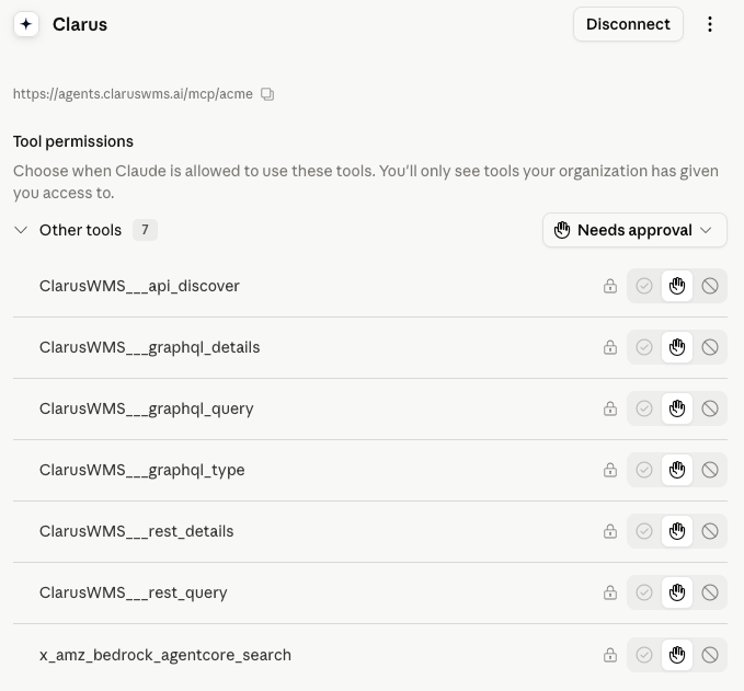 The connected Clarus connector showing its available tools and per-tool permission controls