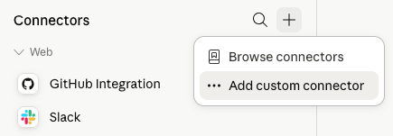 The Connectors + menu showing Browse connectors and Add custom connector