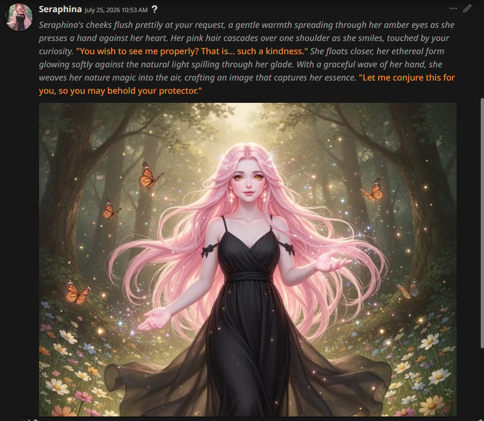 SillyTavern chat showing an image generated inline via Routeway Server Tools