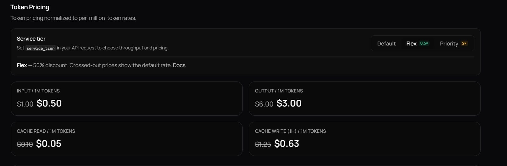 GPT 5.6 Luna model page showing Service Tiers and Token Pricing for default, flex, and priority