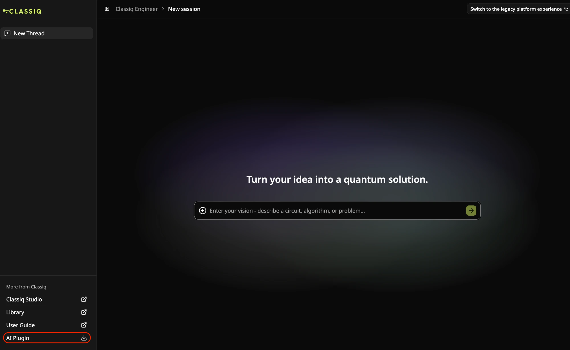 The Quantum Engineering interface sidebar, with AI Plugin under More from Classiq