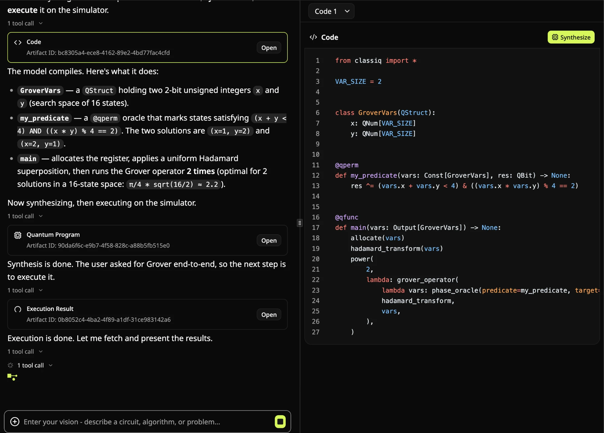 The agent explaining a generated Grover model next to the Code artifact, a Qmod Python file with a GroverVars QStruct, a @qperm predicate and a main function, with a Synthesize button
