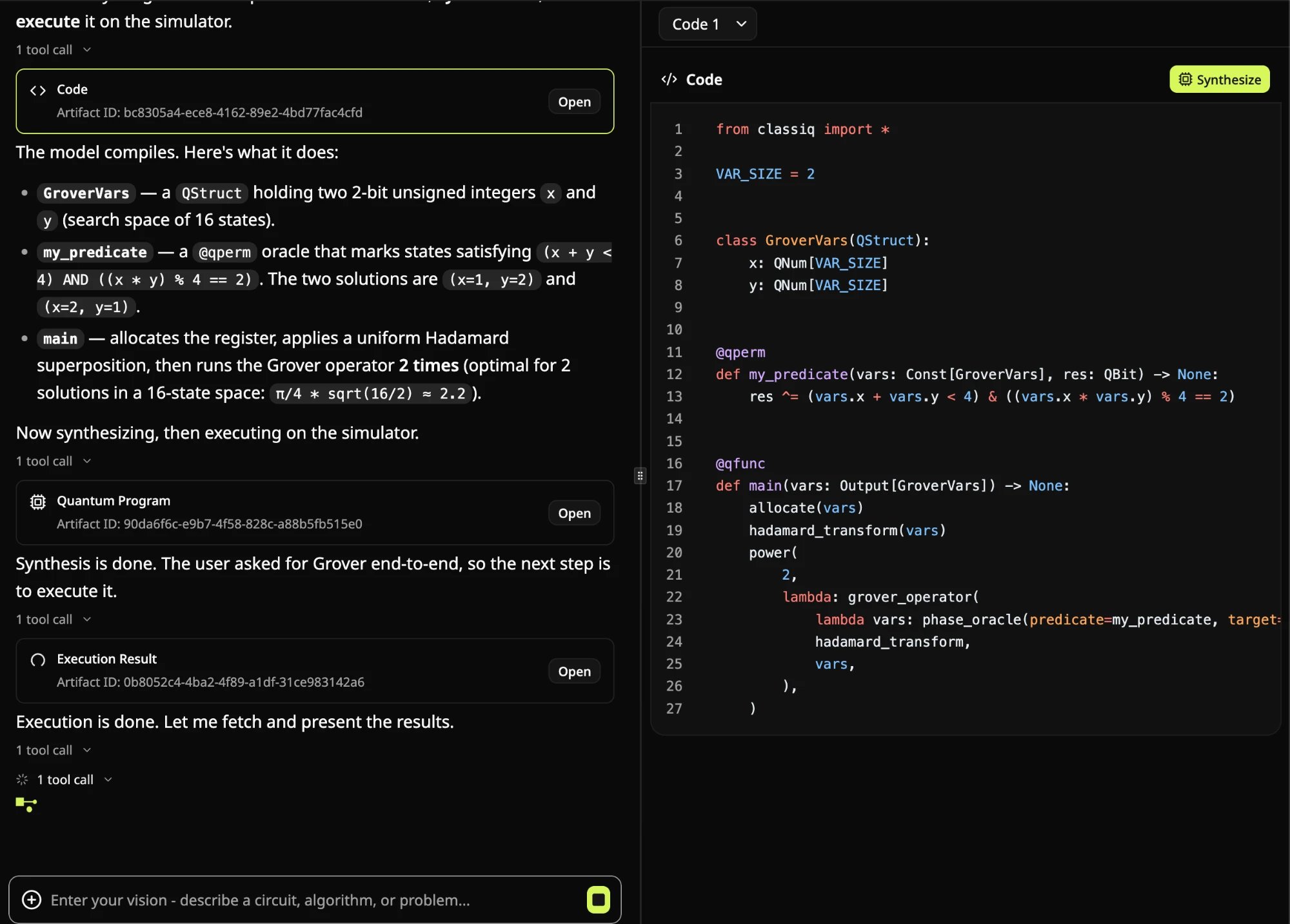 The agent explaining a generated Grover model next to the Code artifact, a Qmod Python file with a GroverVars QStruct, a @qperm predicate and a main function, with a Synthesize button