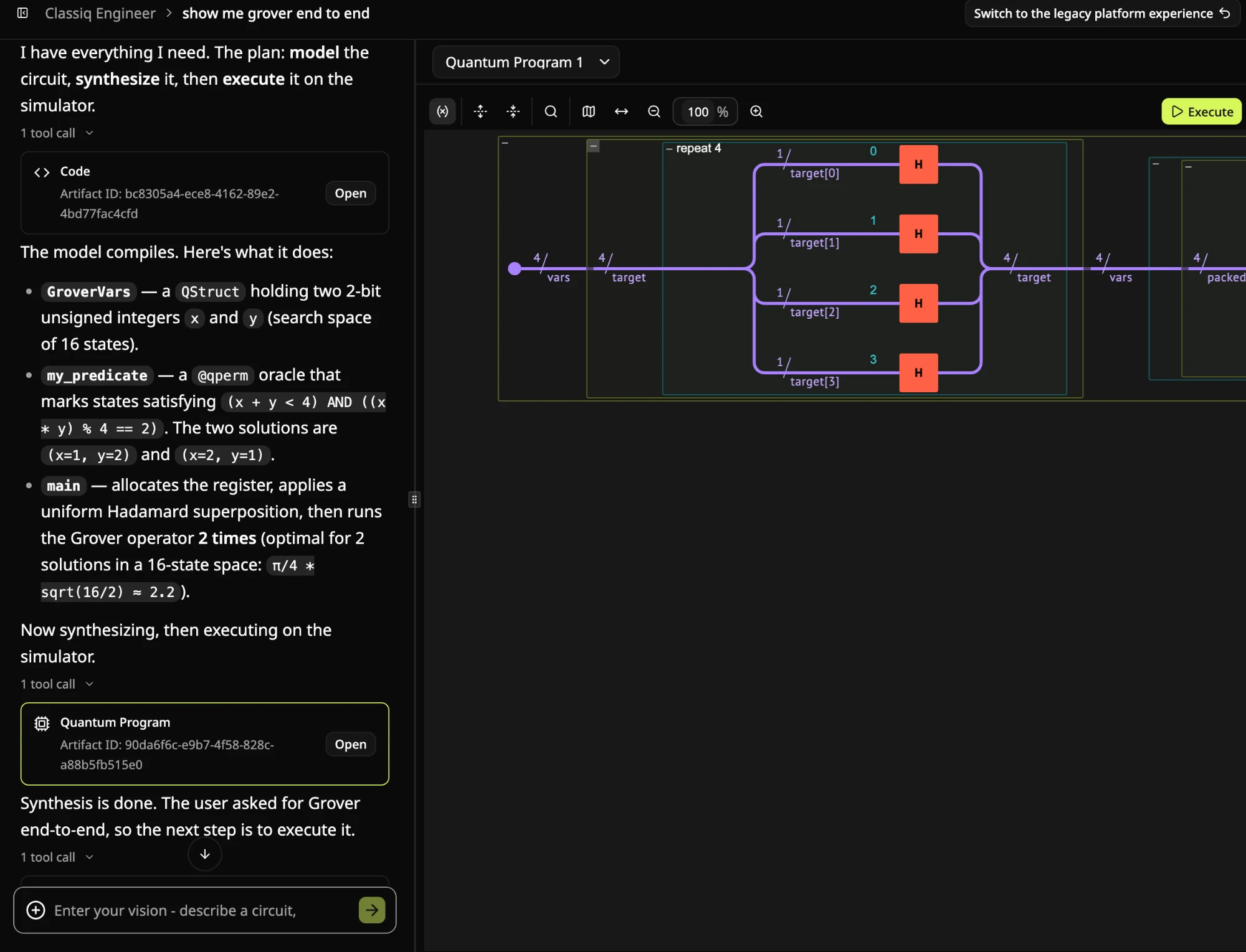 The Quantum Program artifact showing the synthesized Grover circuit in the visualizer, with an Execute button