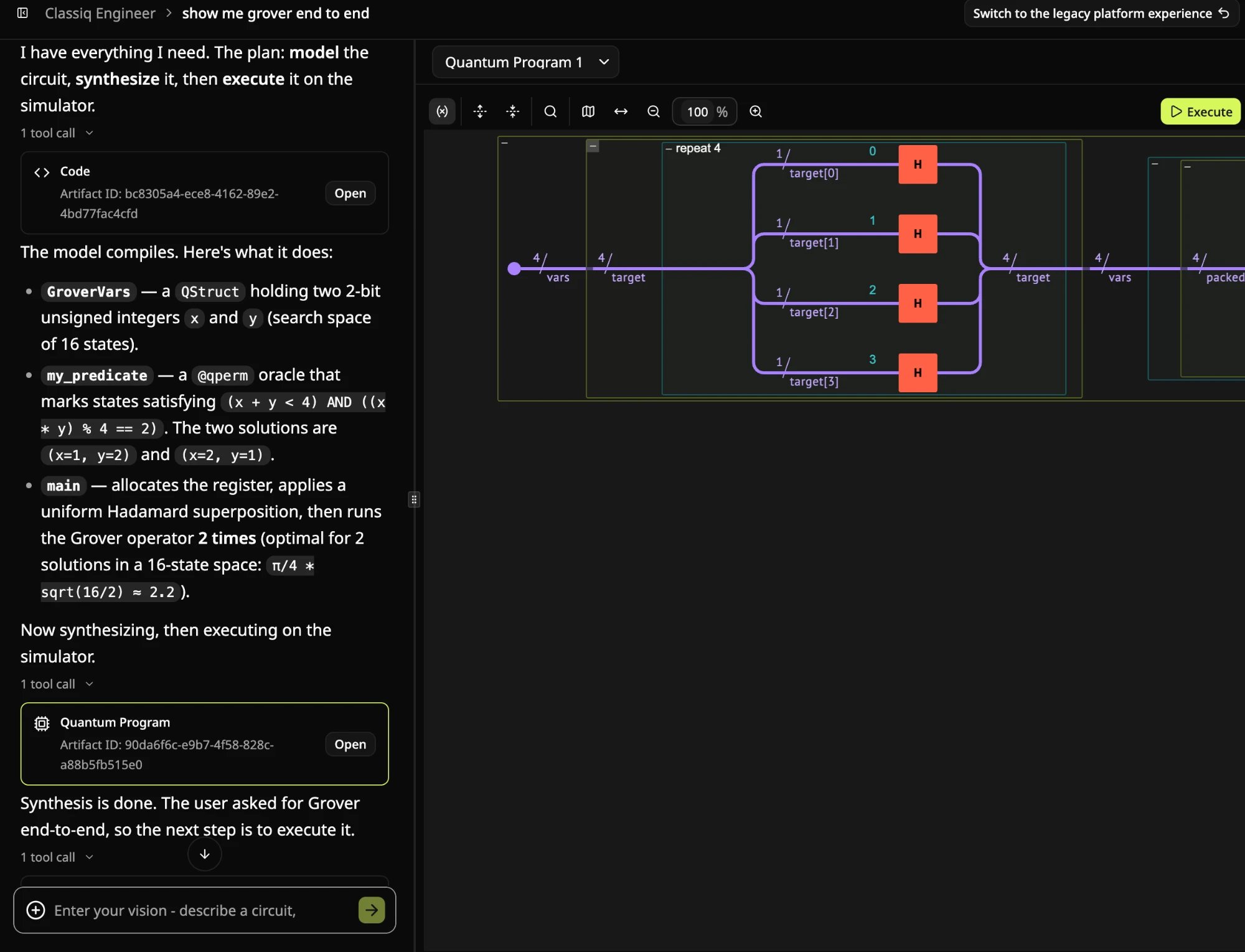 The Quantum Program artifact showing the synthesized Grover circuit in the visualizer, with an Execute button
