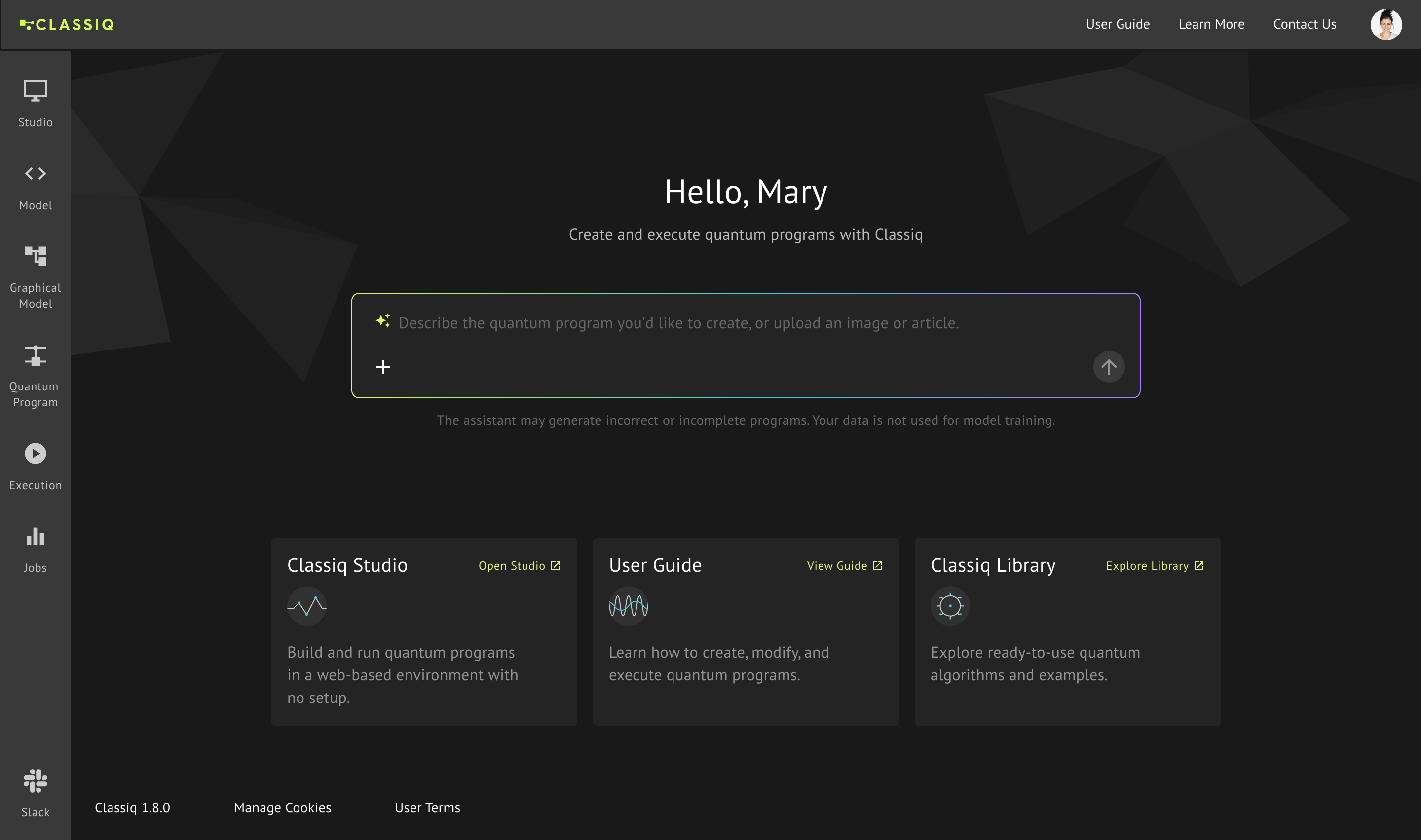 Home page with the assistant input box at the center