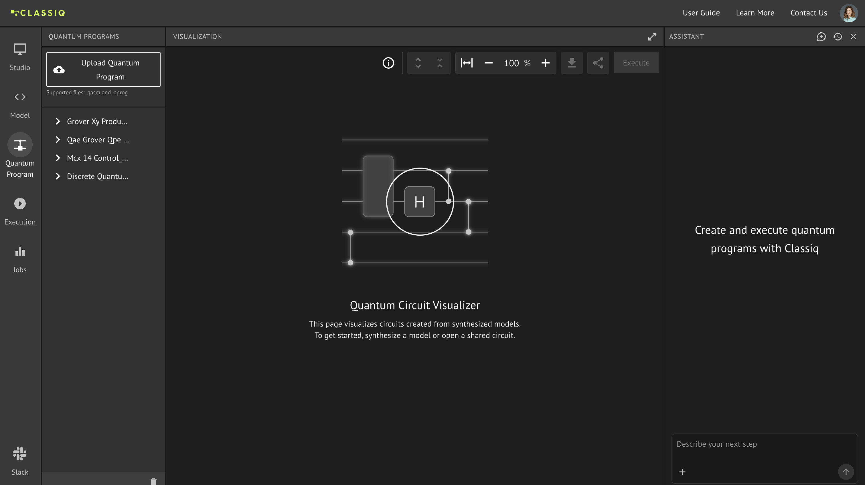 Quantum Program page with the assistant panel open on the right