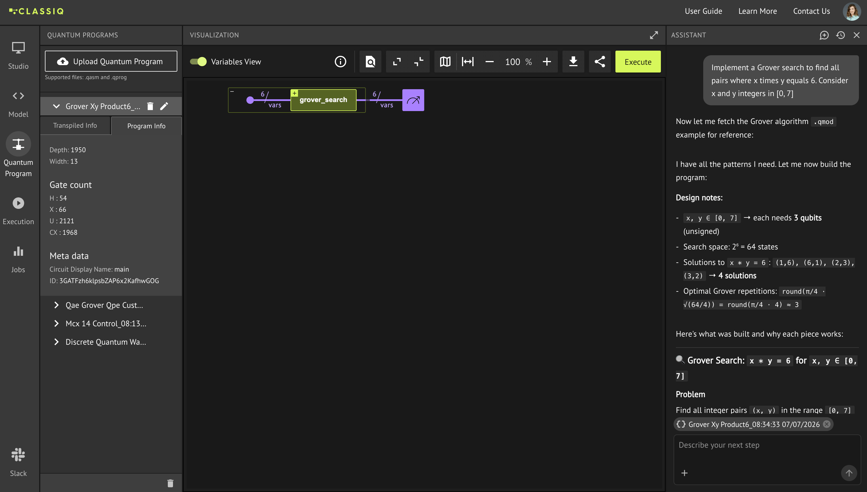 Generated Grover search circuit with the assistant explaining the implementation and the Execute button available