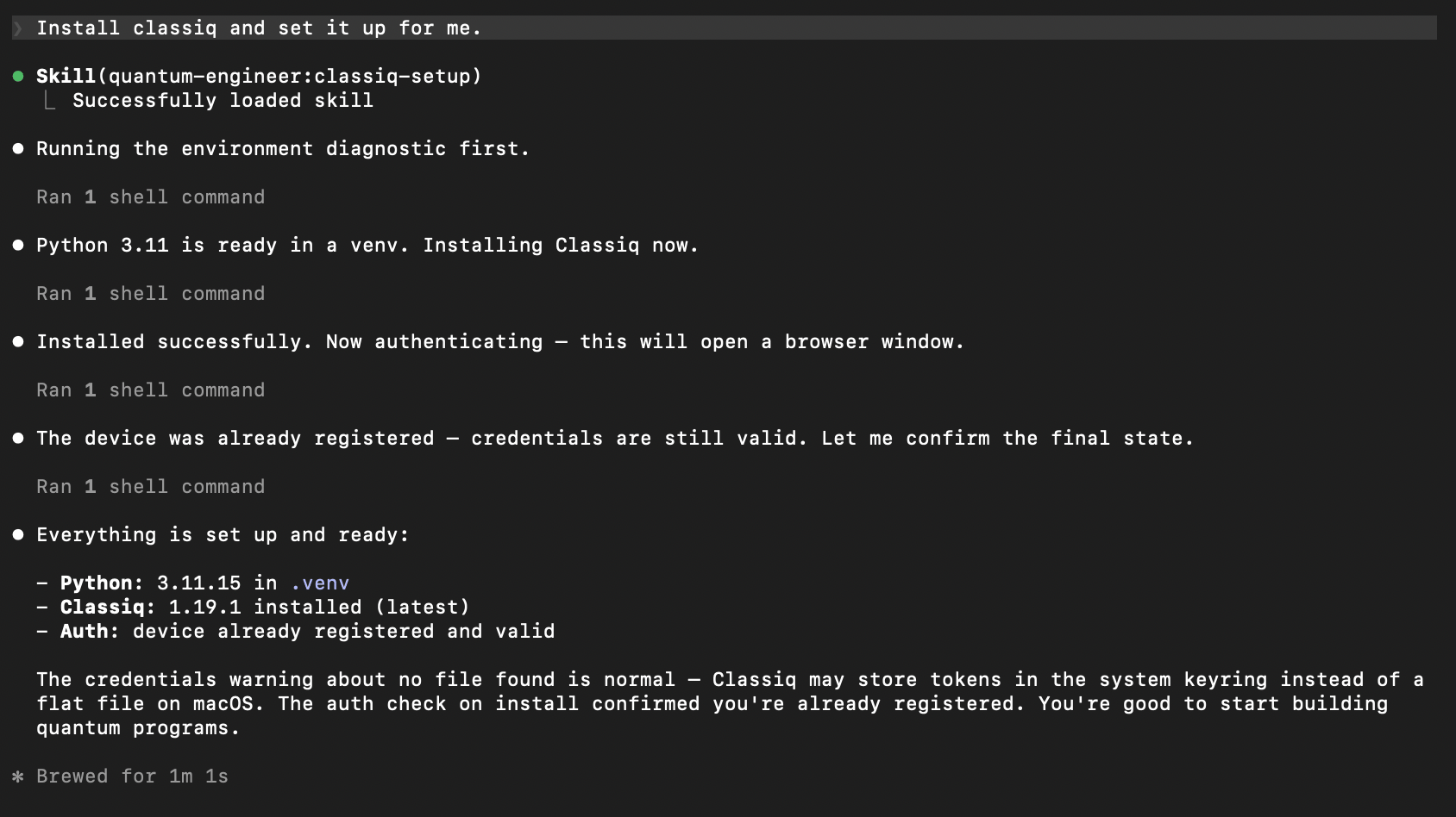 claude code completing the classiq installation using quantum engineer plugin