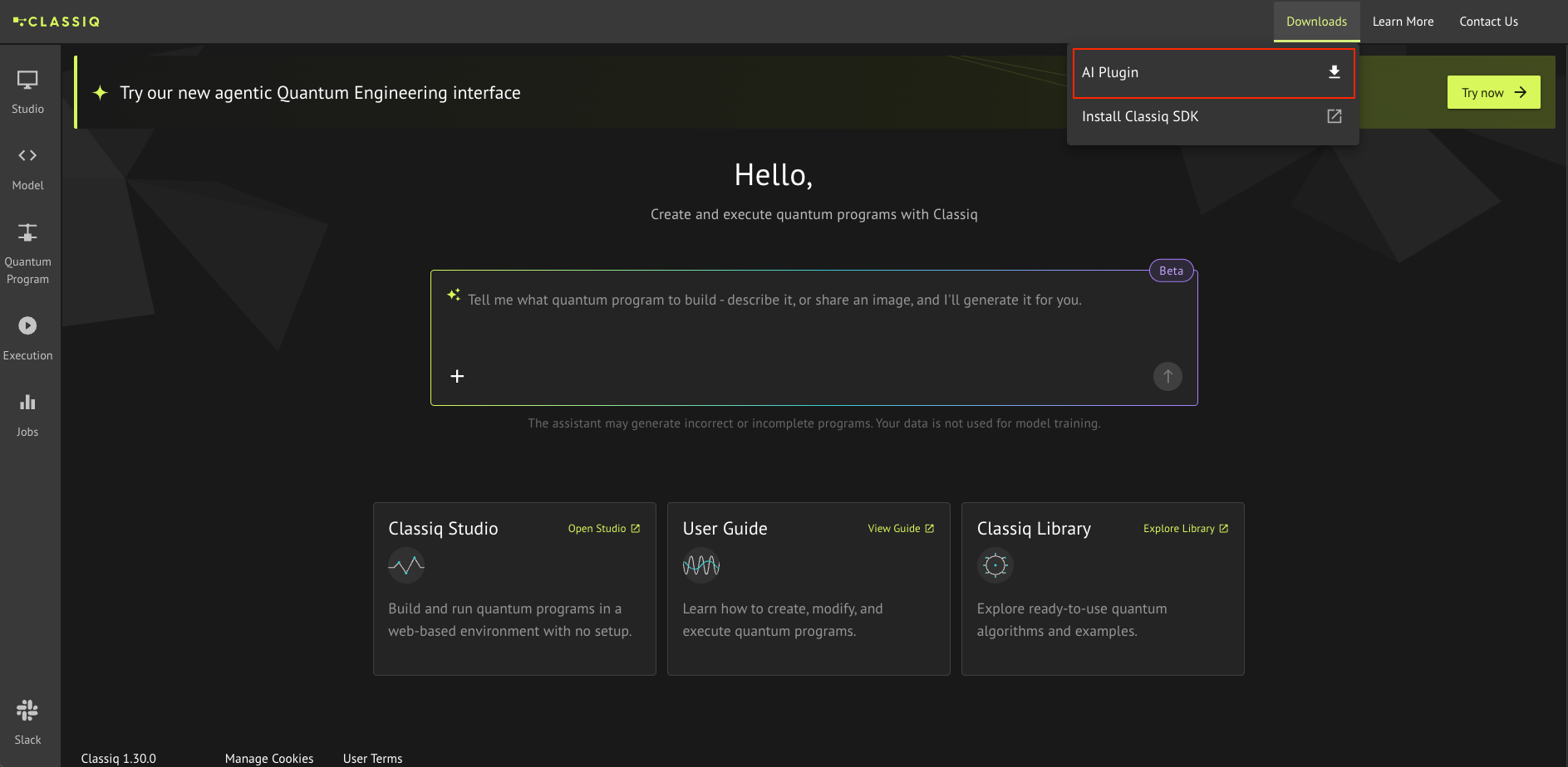 Downloading the plugin zip from the Downloads menu in the Classiq platform