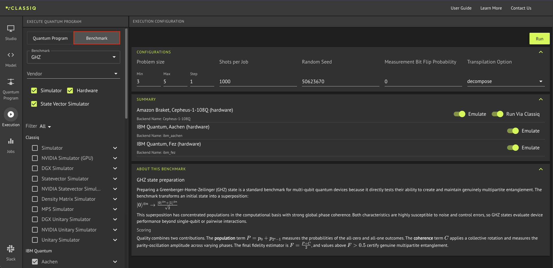 Configuring a GHZ benchmark on the Execution page: selecting simulators and hardware backends on the left, with problem-size range, shots, and per-backend Emulate and Run Via Classiq options on the right