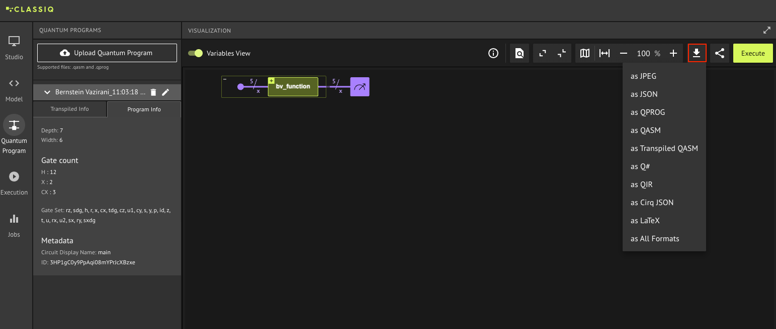 The export menu in the Classiq IDE: a dropdown from the download button in the top bar listing the available target languages