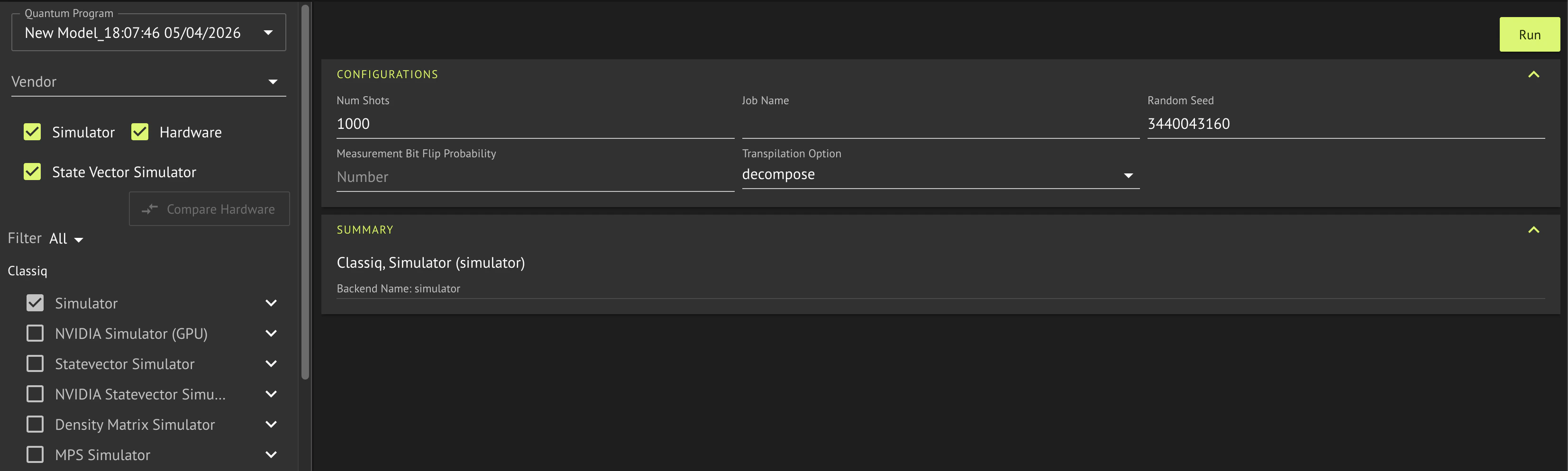 Execution page displaying hardware selection and execution settings, including backend selection and number of shots.