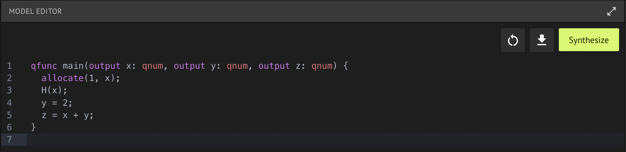 Model Editor displaying the synthesis button and arithmetic code in Qmod-native syntax.