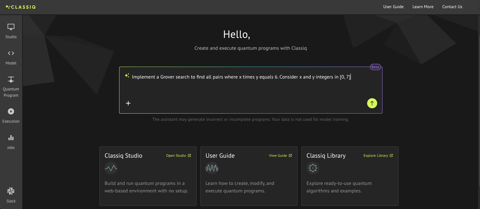 Classiq Assistant input box on the platform home page