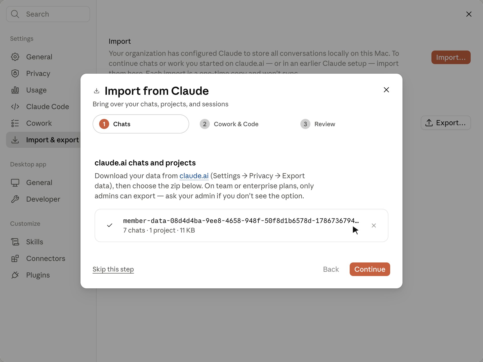 Import from Claude wizard step 1 showing a selected member-data zip file with a summary of 7 chats and 1 project.
