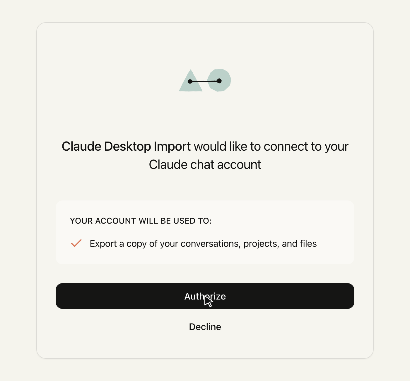 claude.ai authorization card reading Claude Desktop Import would like to connect to your Claude chat account, with an Authorize button.
