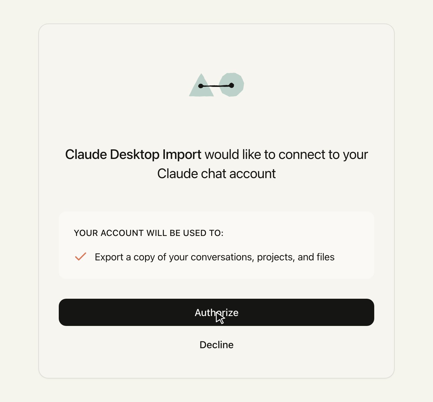claude.ai authorization card reading Claude Desktop Import would like to connect to your Claude chat account, with an Authorize button.
