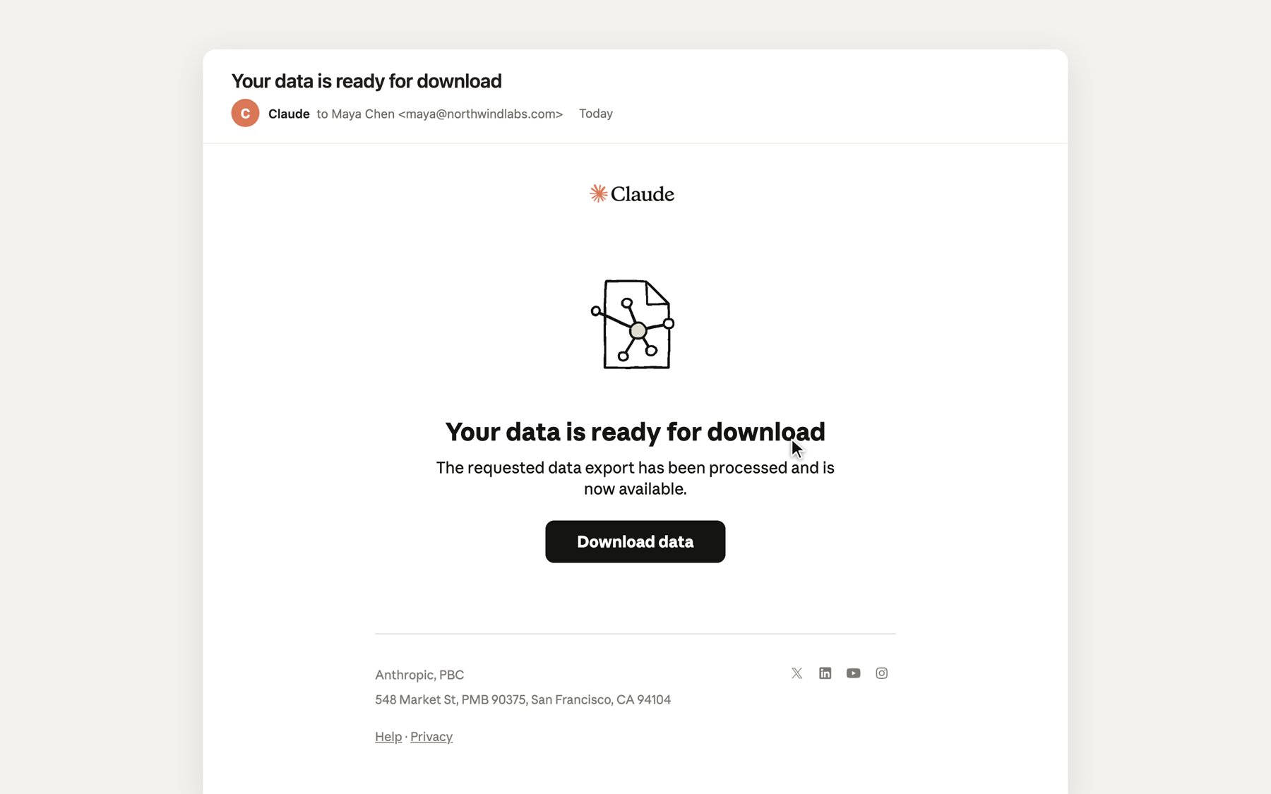 Email from Claude titled Your data is ready for download with a Download data button.