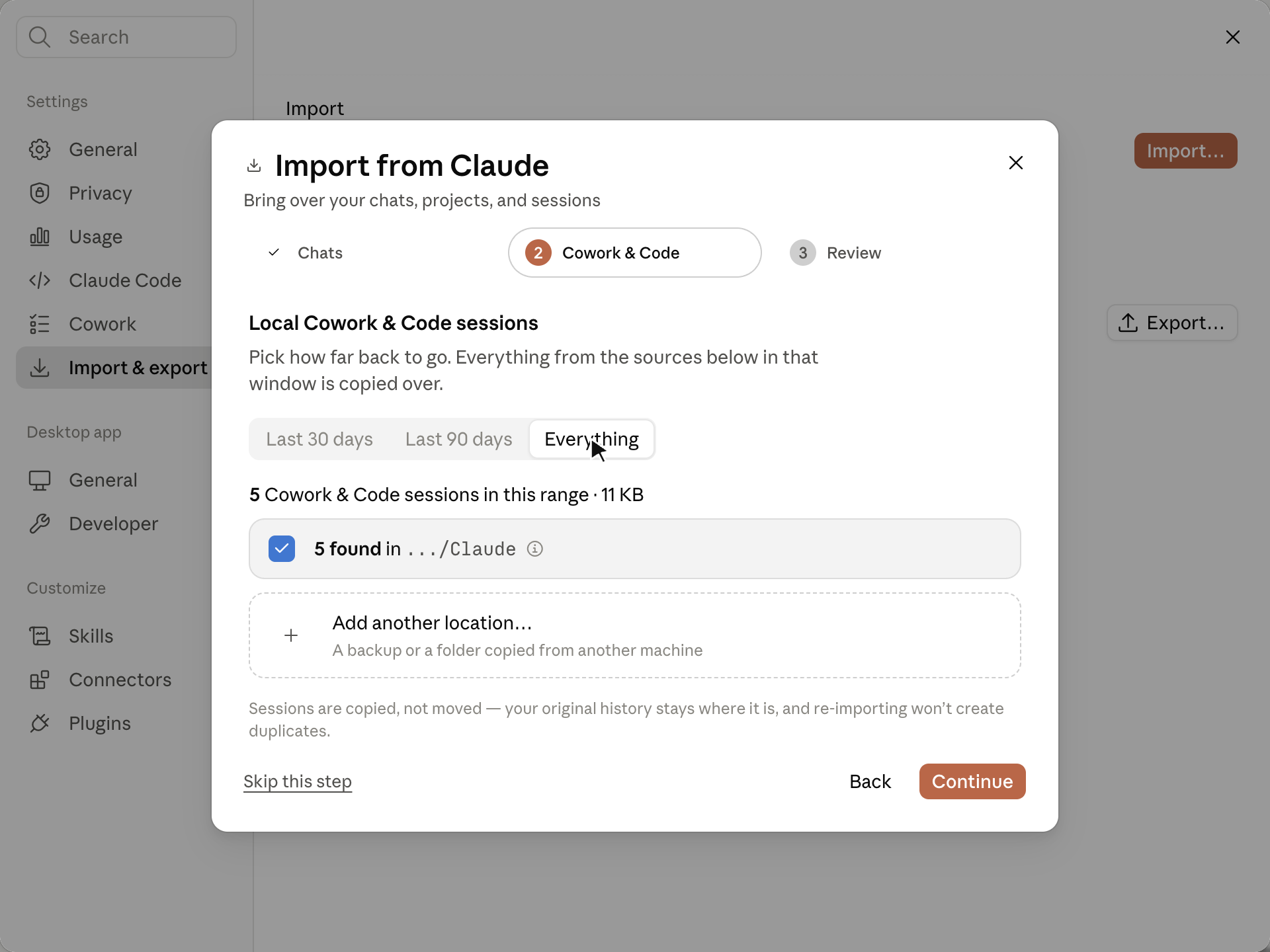 Import from Claude wizard step 2, Cowork and Code, listing 5 local sessions with a time-range selector and an option to add another location.