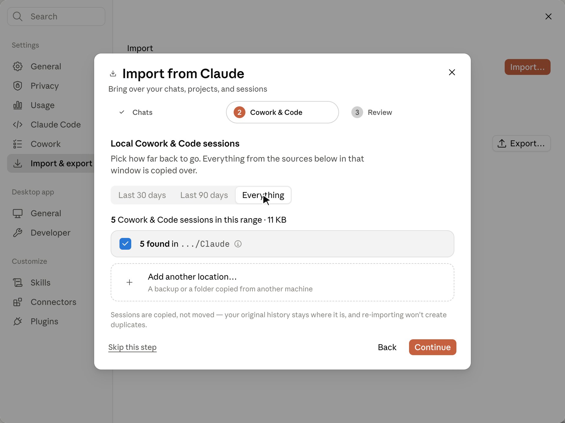 Import from Claude wizard step 2, Cowork and Code, listing 5 local sessions with a time-range selector and an option to add another location.