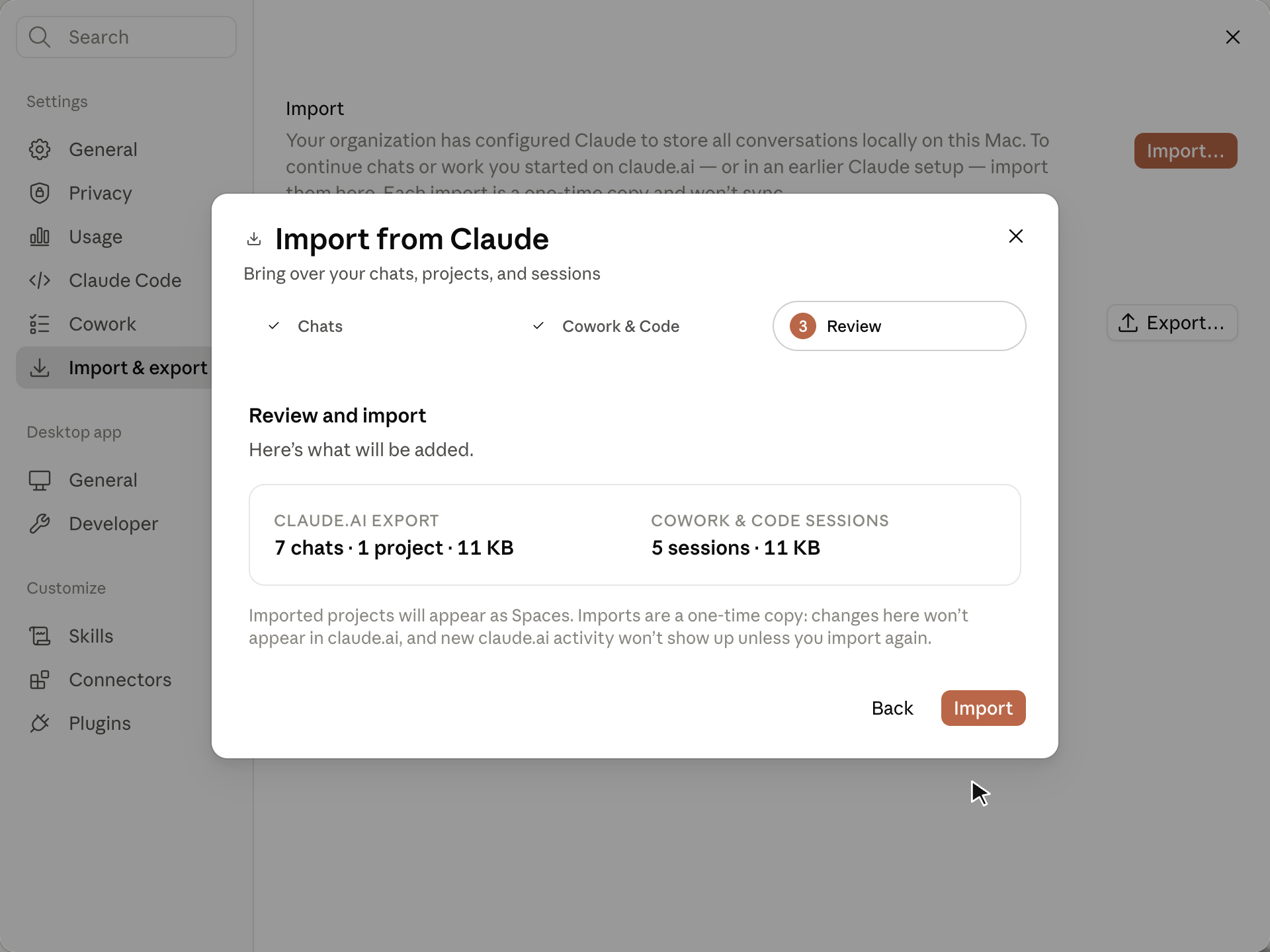 Import from Claude wizard step 3 showing a claude.ai export summary of 7 chats and 1 project alongside 5 local Cowork and Code sessions, with an Import button.