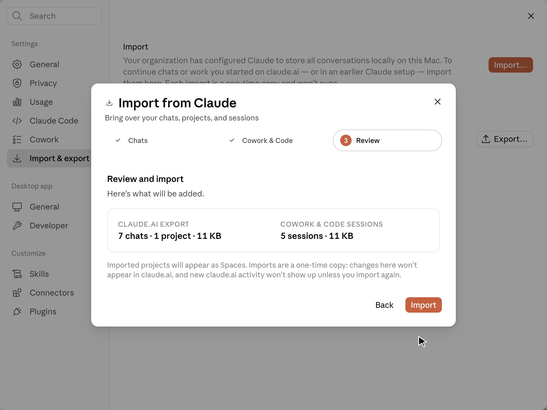 Import from Claude wizard step 3 showing a claude.ai export summary of 7 chats and 1 project alongside 5 local Cowork and Code sessions, with an Import button.
