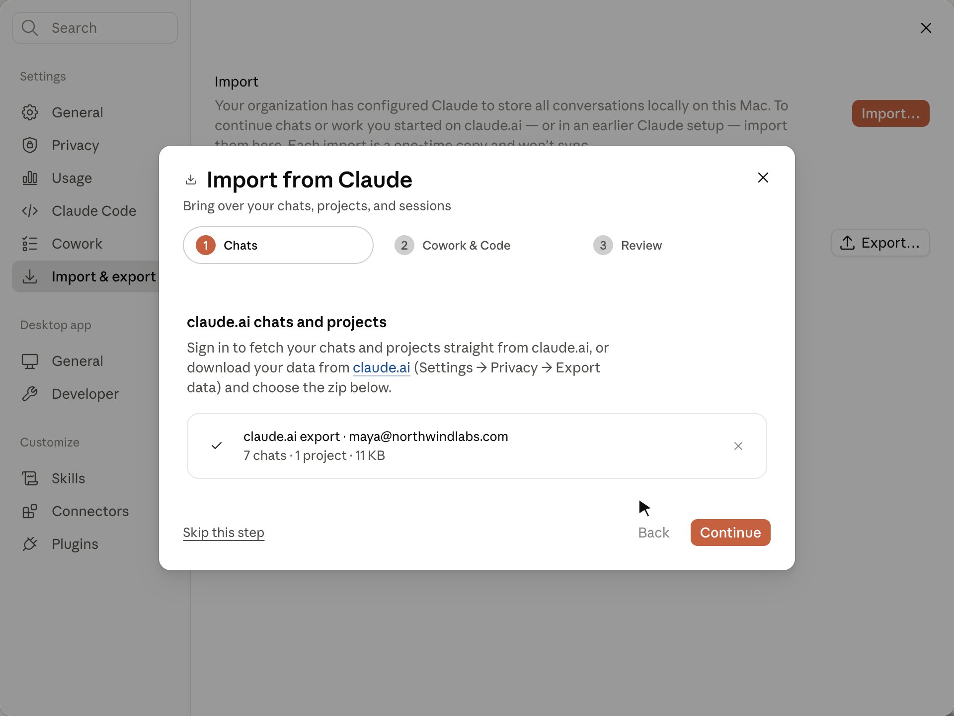 Import from Claude wizard step 1 showing a claude.ai export row with the account email and a summary of 7 chats and 1 project.