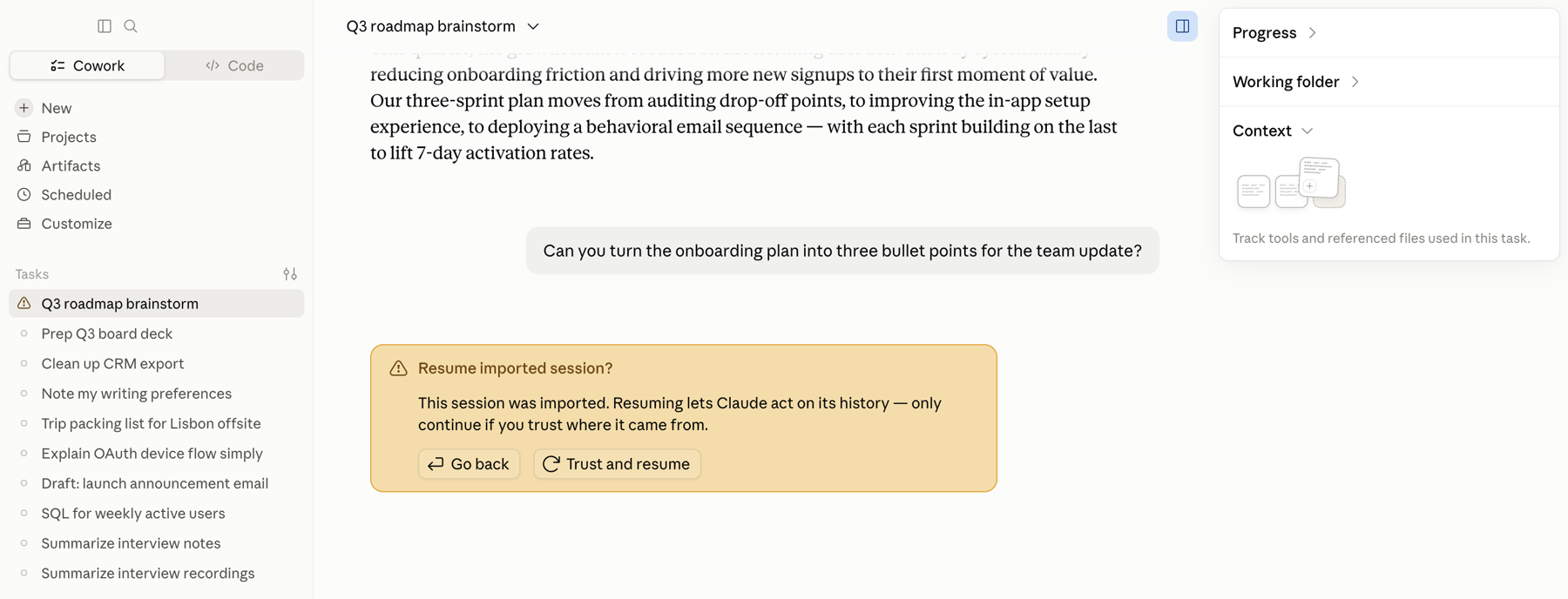 An imported conversation open in Cowork with a yellow Resume imported session card offering Go back and Trust and resume buttons.