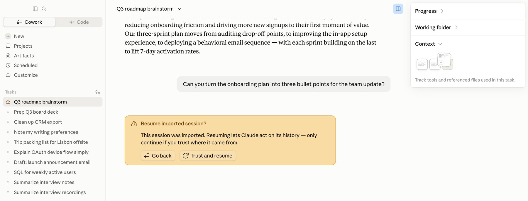 An imported conversation open in Cowork with a yellow Resume imported session card offering Go back and Trust and resume buttons.