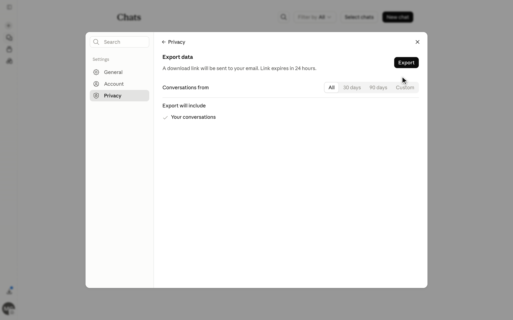 claude.ai settings Privacy page with the Export data subpage open, showing an Export button and a note that a download link will be sent by email.