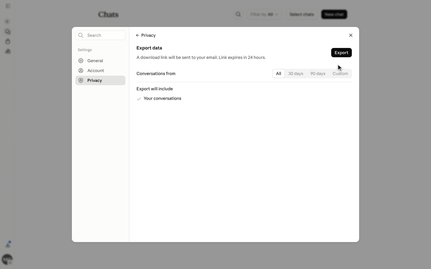 claude.ai settings Privacy page with the Export data subpage open, showing an Export button and a note that a download link will be sent by email.