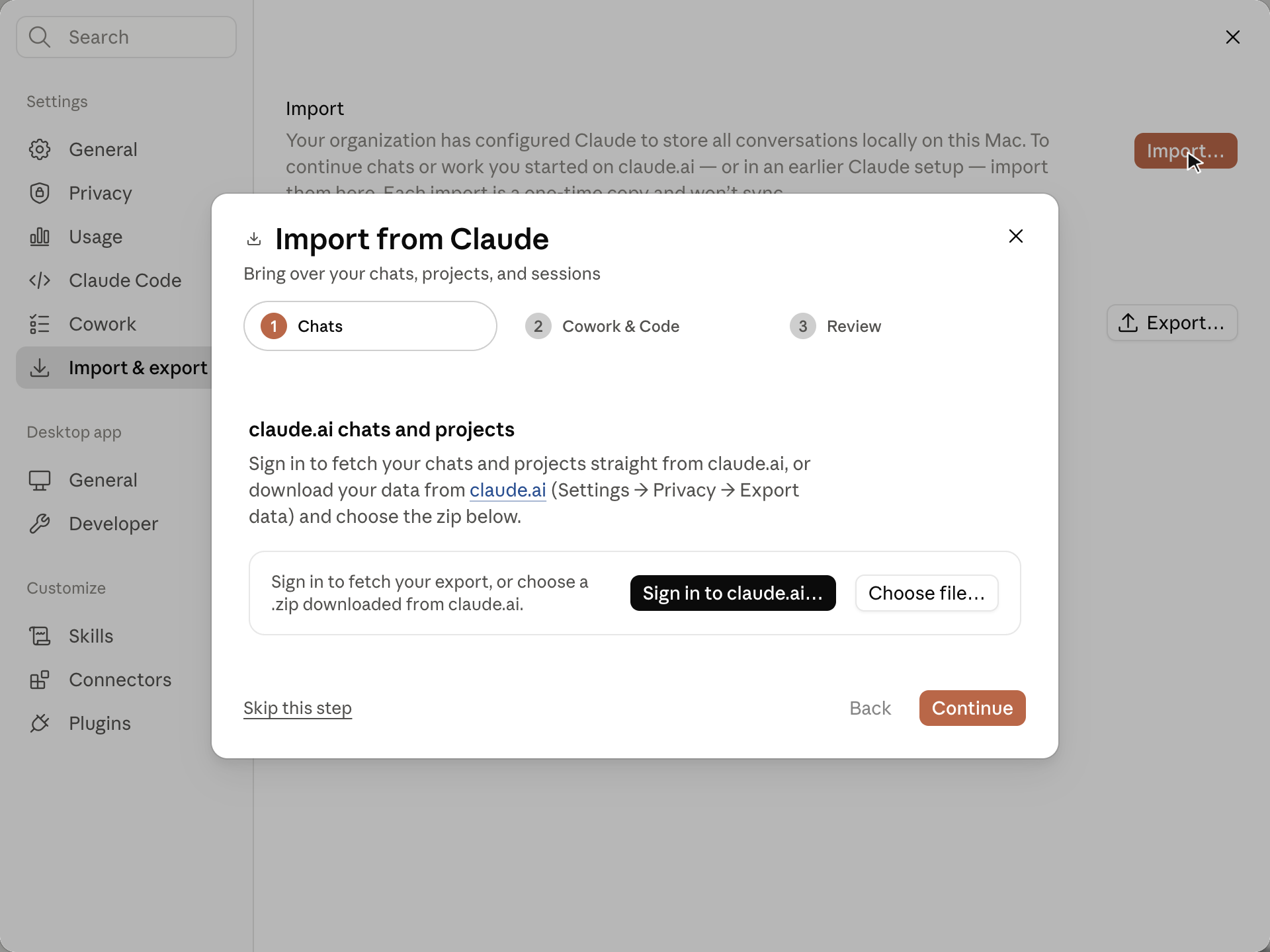 Claude Desktop settings with Import and export selected and the Import from Claude wizard open on step 1, showing Sign in to claude.ai and Choose file buttons.