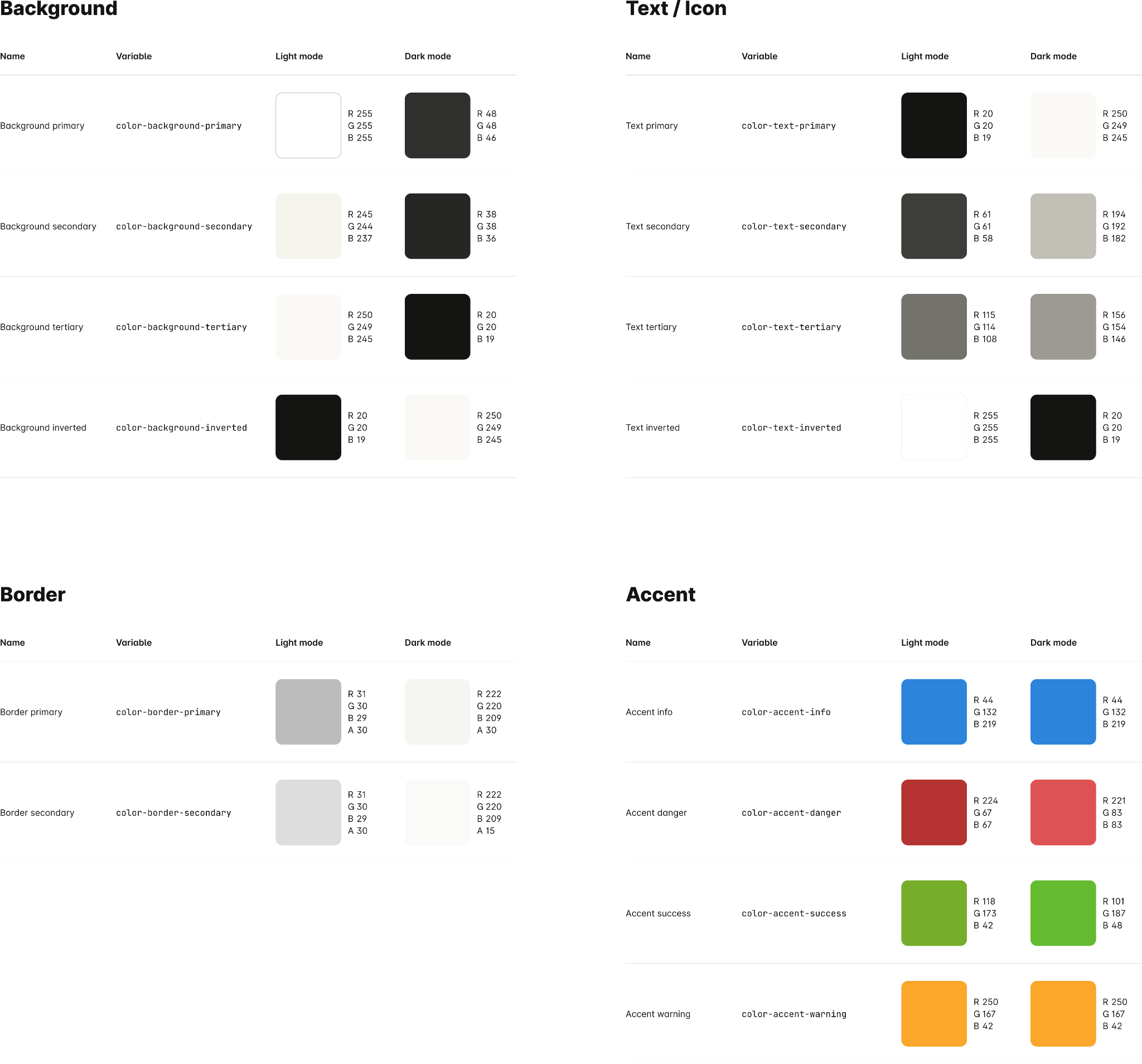 Color token examples for light and dark mode