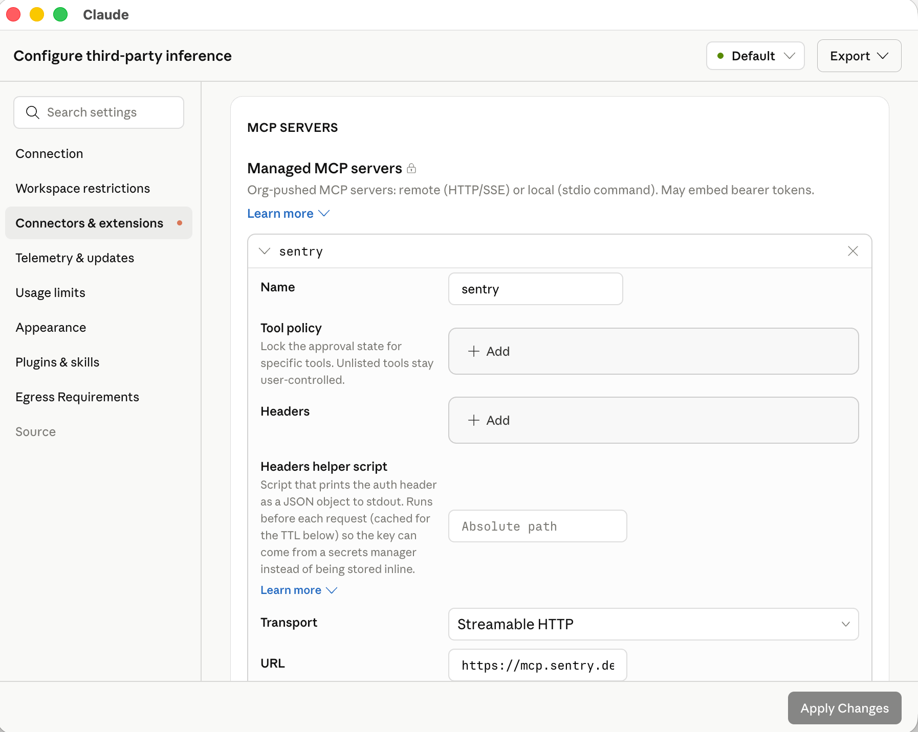 In-app configuration window showing a managed MCP server named sentry, with fields for name, tool policy, headers, headers helper script, Streamable HTTP transport, and URL.