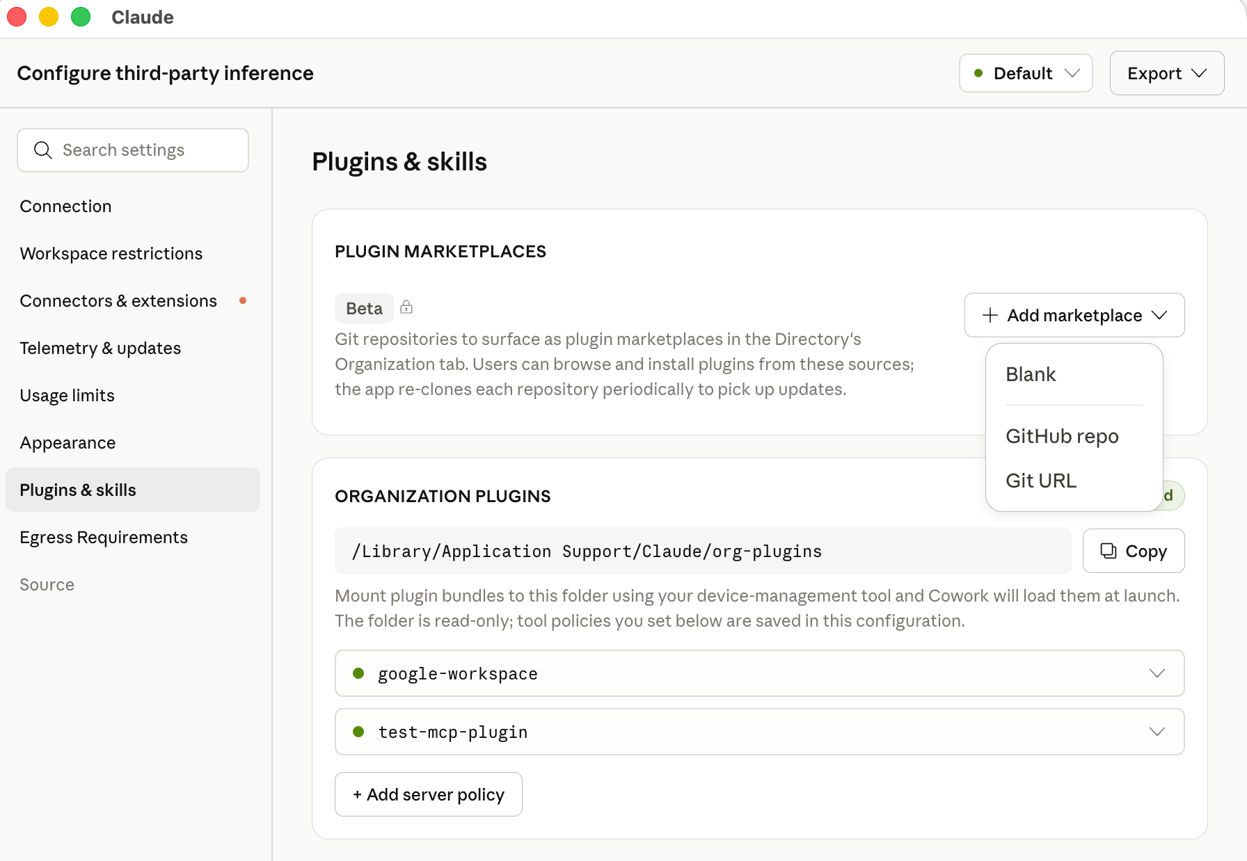 In-app configuration window Plugins & skills section showing the plugin marketplaces card with an open Add marketplace menu offering Blank, GitHub repo, and Git URL, above the organization plugins folder path with two loaded plugins.