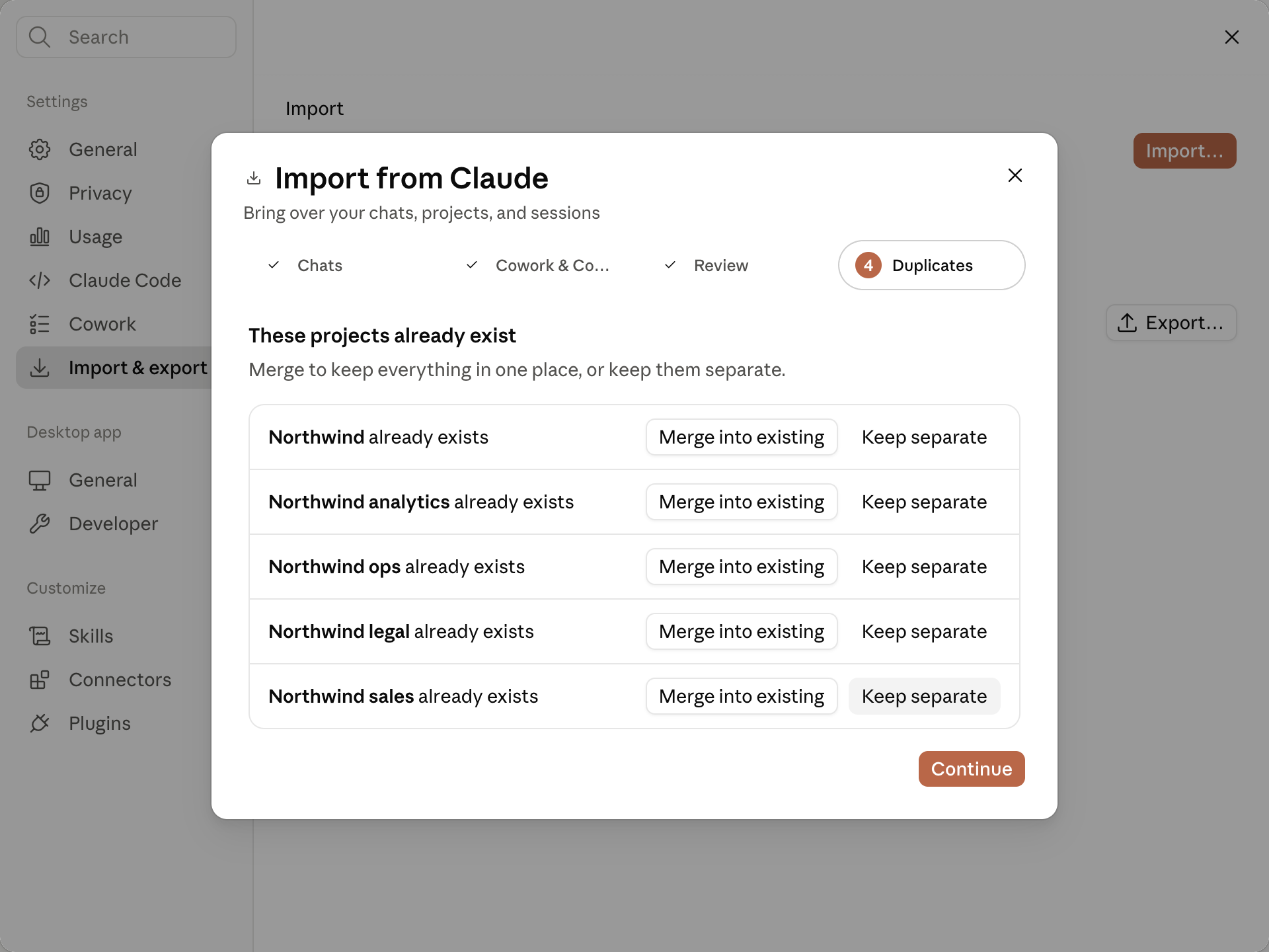 Import from Claude wizard step 4, Duplicates, headed These projects already exist, listing five Northwind projects each with Merge into existing and Keep separate buttons and a Continue button.