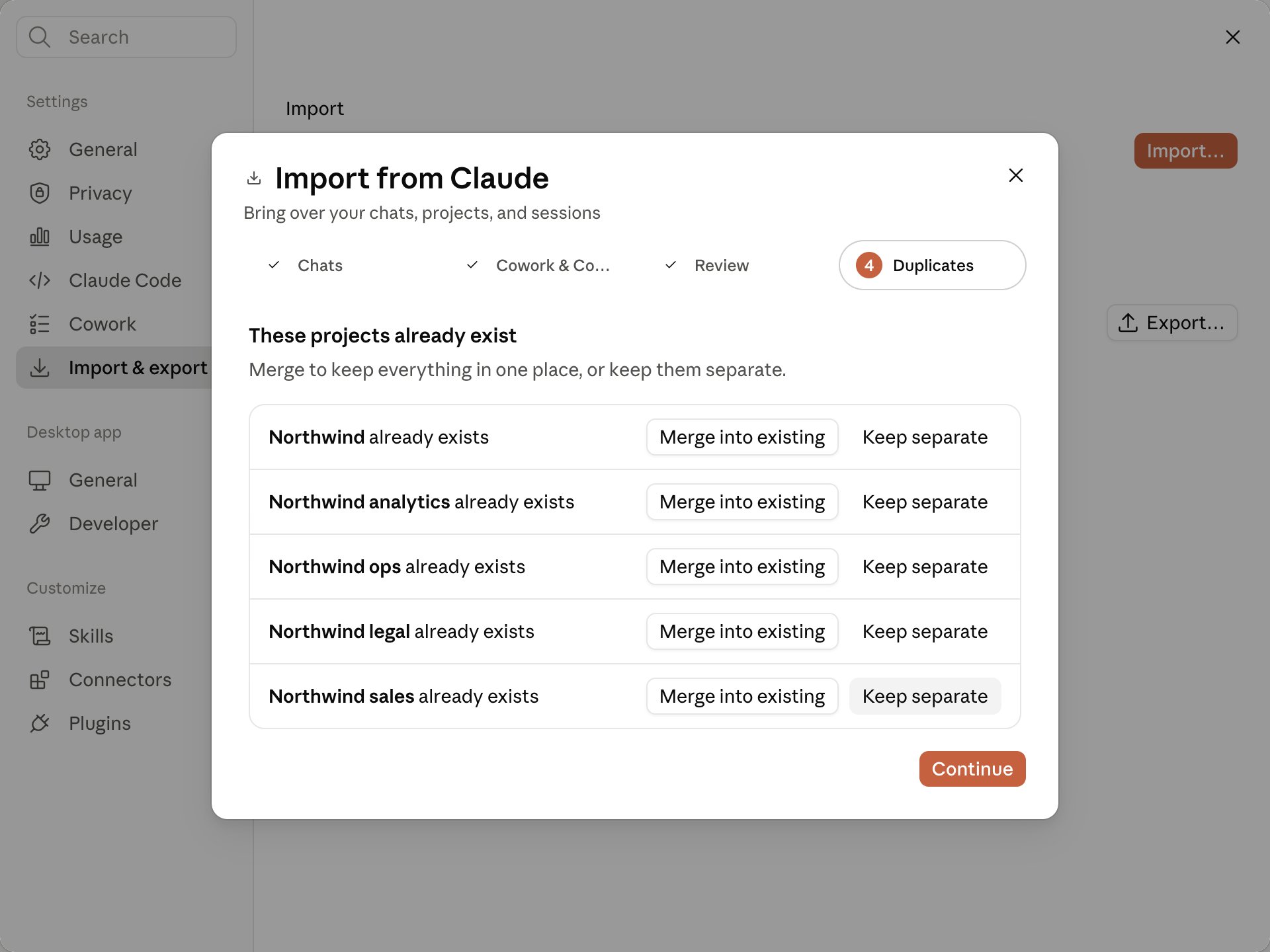 Import from Claude wizard step 4, Duplicates, headed These projects already exist, listing five Northwind projects each with Merge into existing and Keep separate buttons and a Continue button.
