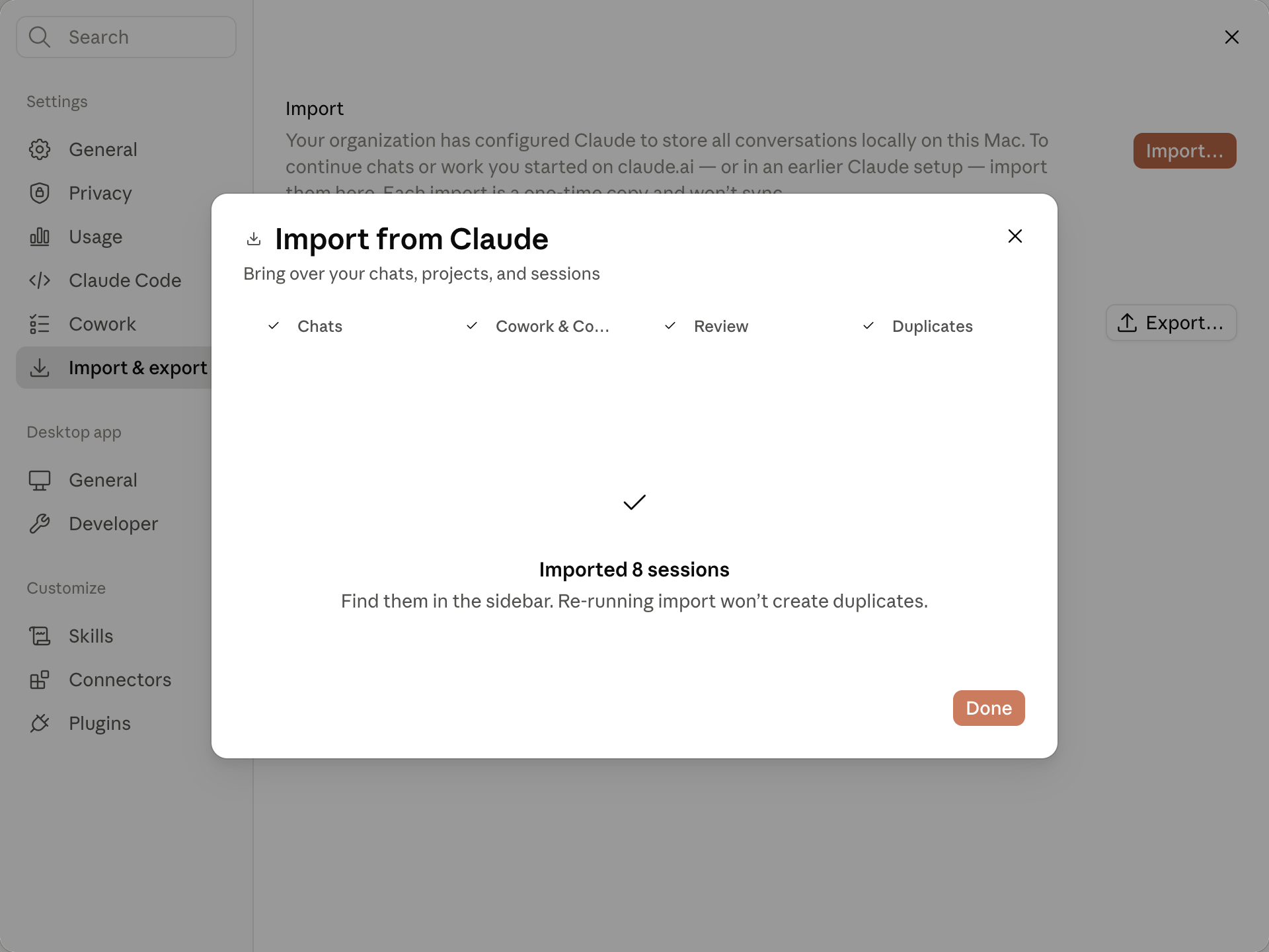 Import from Claude wizard success screen showing a checkmark and the number of sessions imported, with a note that re-running import will not create duplicates.